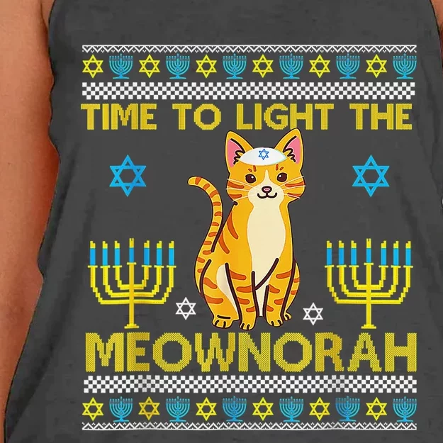 Light The Meownorah Jewish Cat Menorah Lover Ugly Chanukah Women's Knotted Racerback Tank