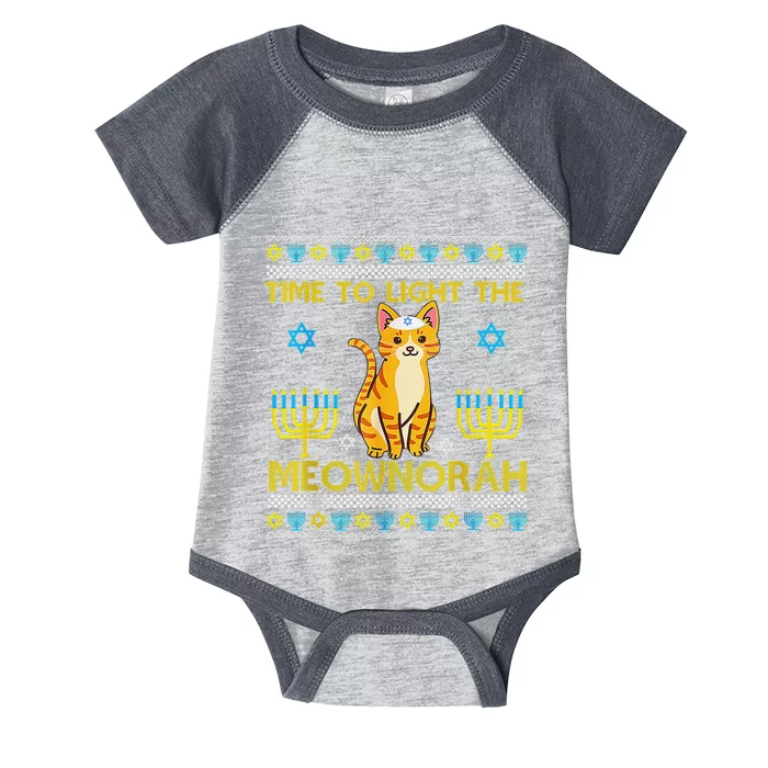 Light The Meownorah Jewish Cat Menorah Lover Ugly Chanukah Infant Baby Jersey Bodysuit