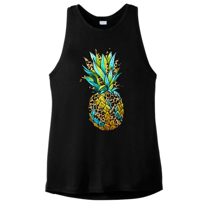 Leopard Tropical Pineapple Ladies Tri-Blend Wicking Tank