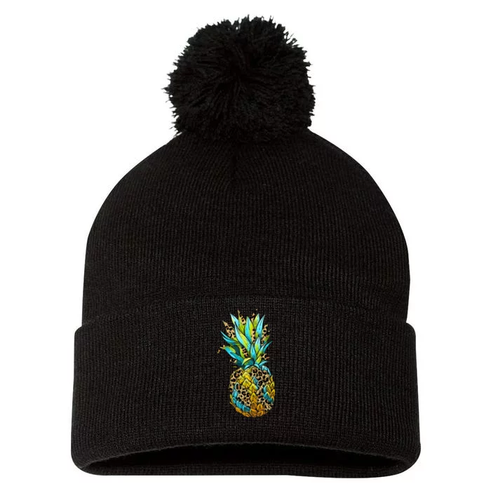 Leopard Tropical Pineapple Pom Pom 12in Knit Beanie