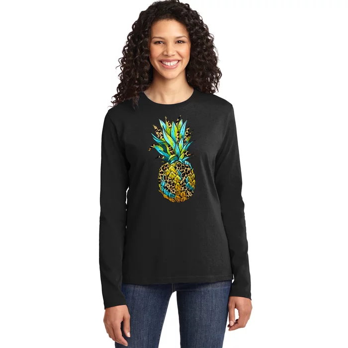 Leopard Tropical Pineapple Ladies Long Sleeve Shirt