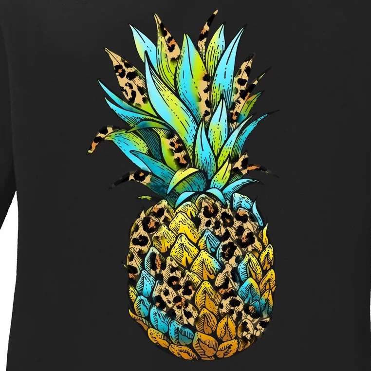 Leopard Tropical Pineapple Ladies Long Sleeve Shirt