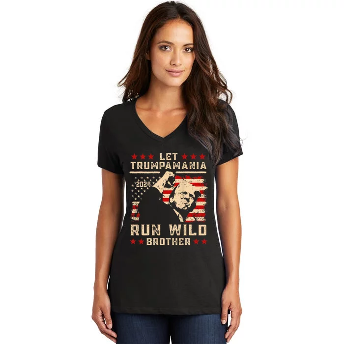 Let Trumpamania Run Wild Trump 45 47 Political Trumpamania Women's V-Neck T-Shirt