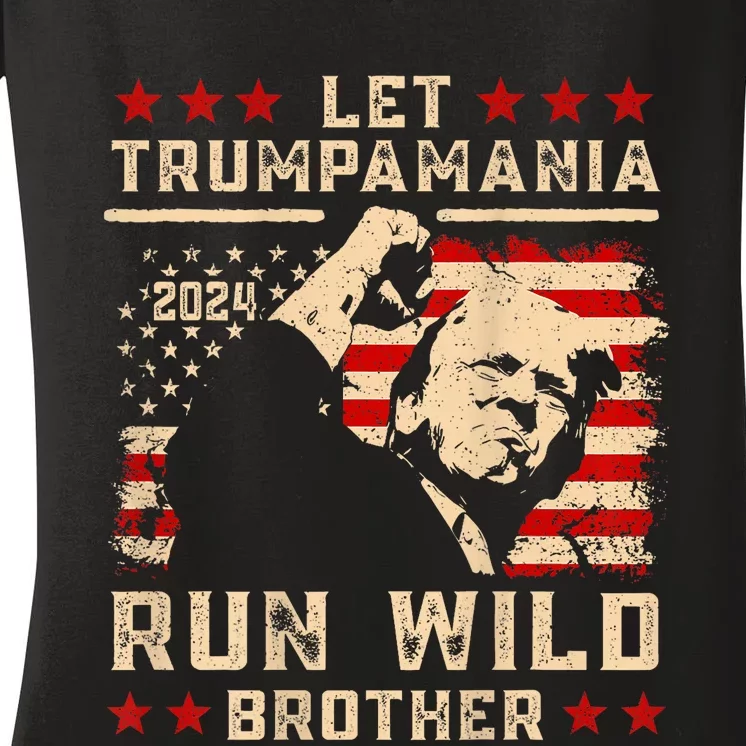 Let Trumpamania Run Wild Trump 45 47 Political Trumpamania Women's V-Neck T-Shirt