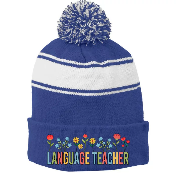 Language Teacher Retro Wildflowers Back To School Funny Gift Stripe Pom Pom Beanie