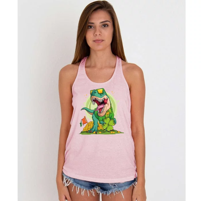 Lucky T Rex Irish Clover St. Patrick's Day Women's Knotted Racerback Tank