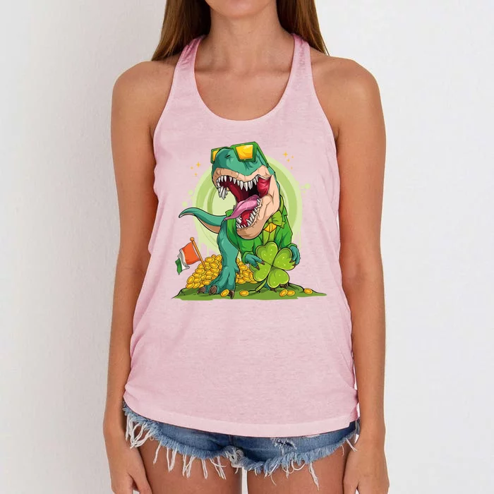 Lucky T Rex Irish Clover St. Patrick's Day Women's Knotted Racerback Tank