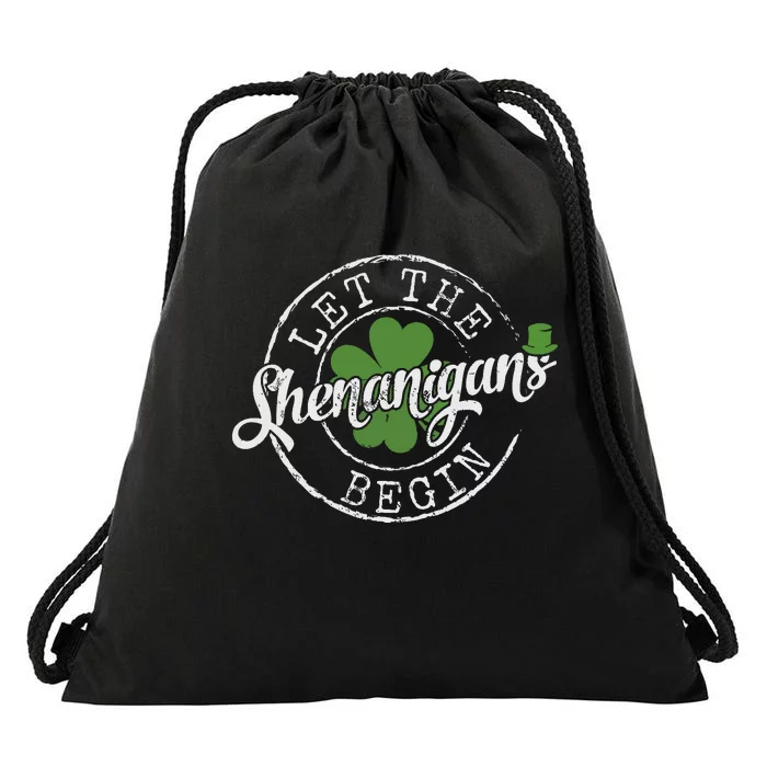 Let The Shenanigans Begin Funny Clovers St Patricks Day Drawstring Bag