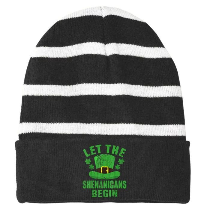 Let The Shenanigans Begin Shamrock Clovers Vintage Striped Beanie with Solid Band