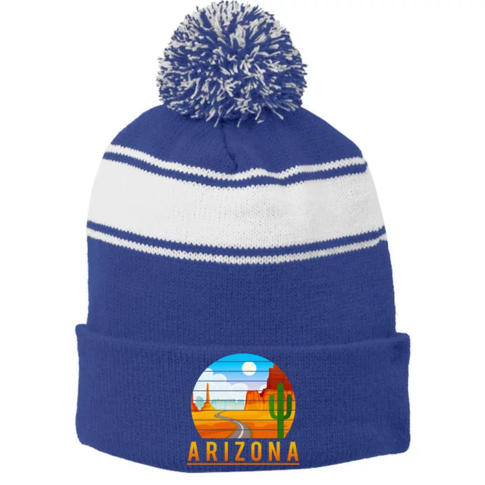 Love The State Of Arizona Desert Road And Saguaro Cactus Gift Stripe Pom Pom Beanie