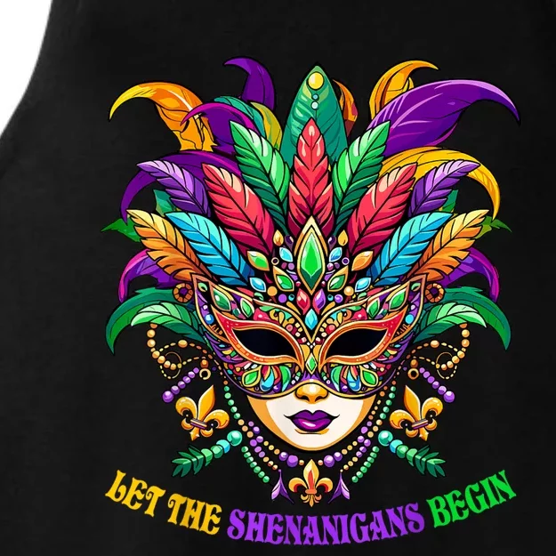 Let The Shenanigans Begin Mardi Gras Jester Mask Beads Ladies Tri-Blend Wicking Tank