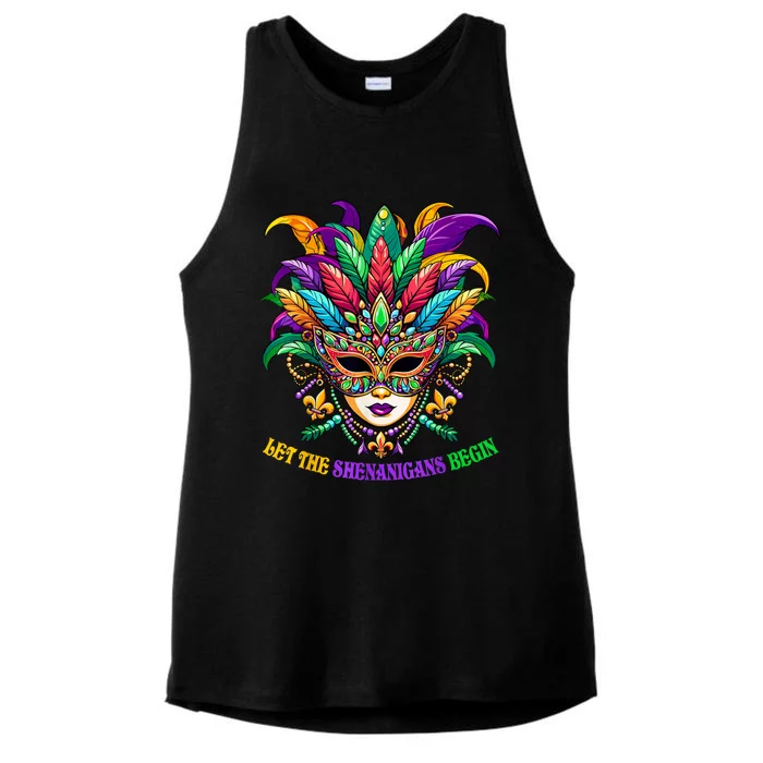 Let The Shenanigans Begin Mardi Gras Jester Mask Beads Ladies Tri-Blend Wicking Tank