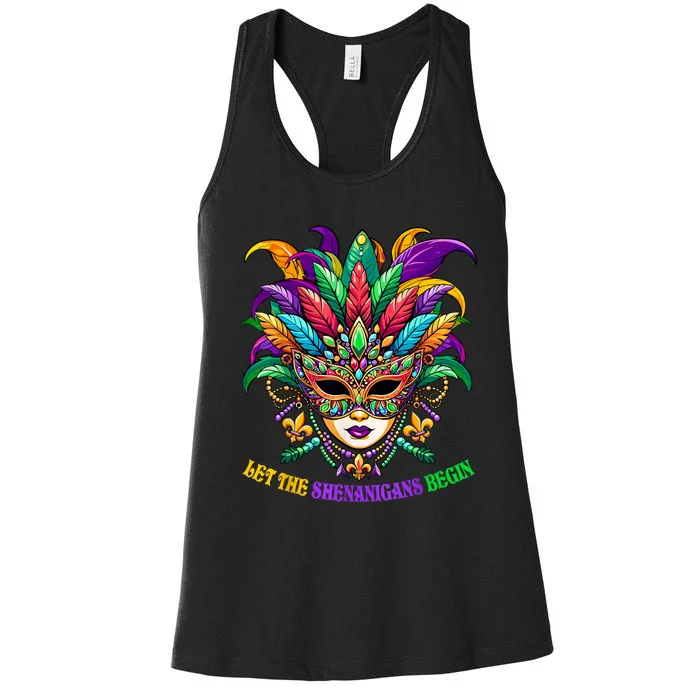 Let The Shenanigans Begin Mardi Gras Jester Mask Beads Women's Racerback Tank