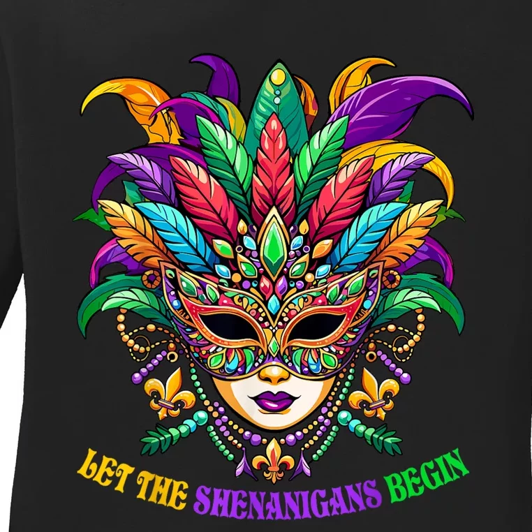 Let The Shenanigans Begin Mardi Gras Jester Mask Beads Ladies Long Sleeve Shirt