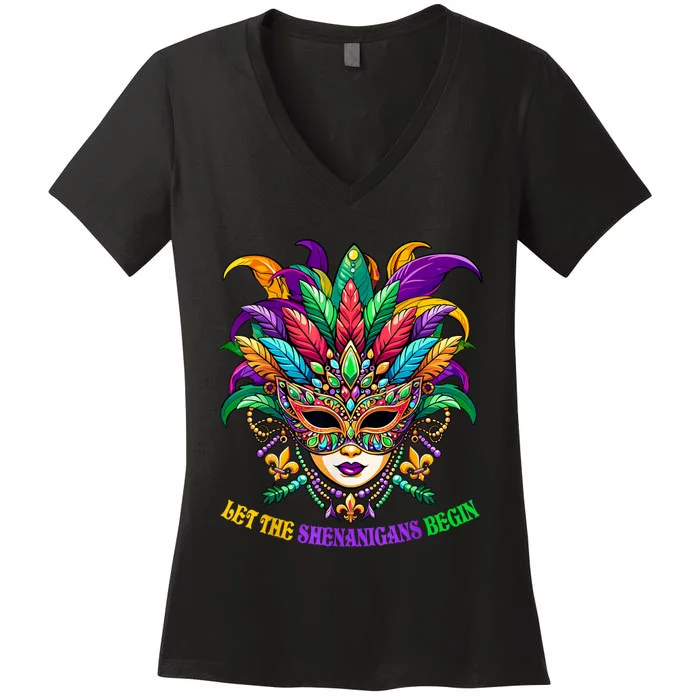 Let The Shenanigans Begin Mardi Gras Jester Mask Beads Women's V-Neck T-Shirt