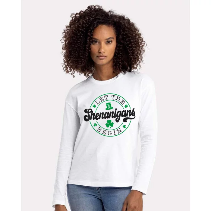 Let The Shenanigans Begin St. Patrick's Day Shamrock Circle Womens Cotton Relaxed Long Sleeve T-Shirt