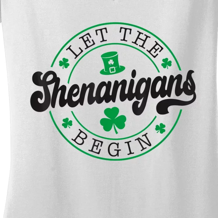 Let The Shenanigans Begin St. Patrick's Day Shamrock Circle Women's V-Neck T-Shirt