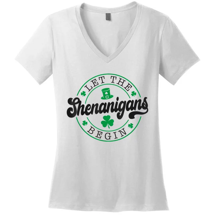 Let The Shenanigans Begin St. Patrick's Day Shamrock Circle Women's V-Neck T-Shirt