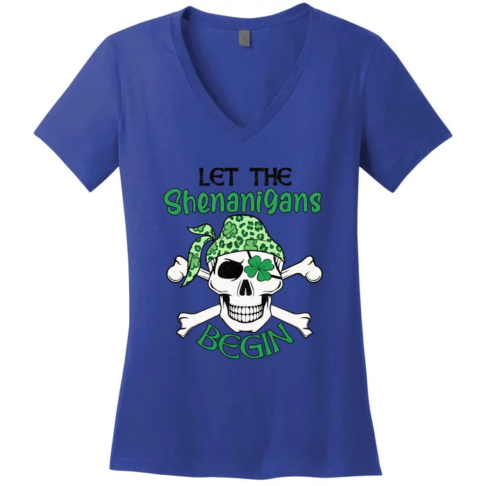 Let The Shenanigans Begin Funny Skull St Patrick's Day Women's V-Neck T-Shirt