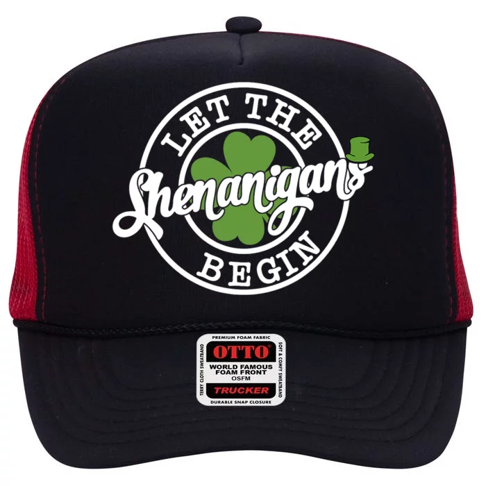 Let The Shenanigans Begin Vintage ST Patricks Day High Crown Mesh Trucker Hat