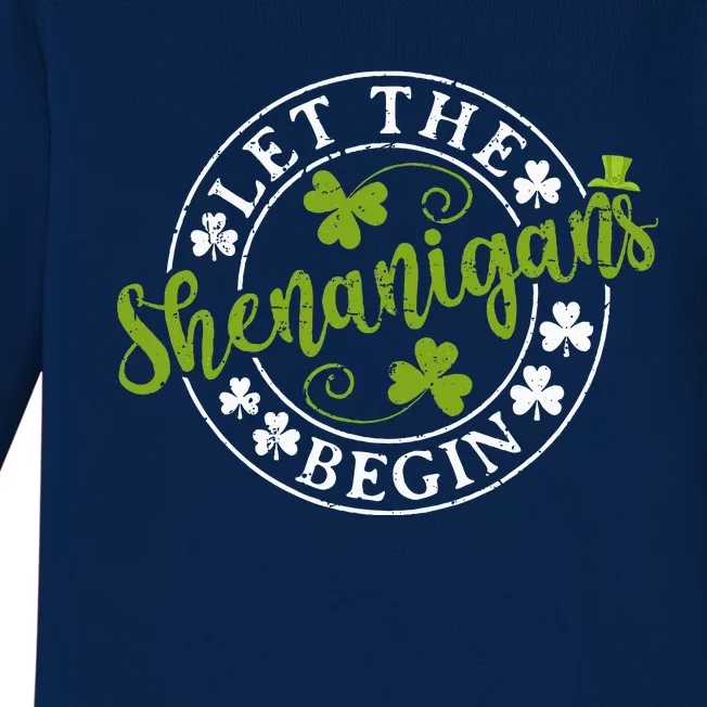 Let The Shenanigans Begin Clovers Shamrocks St Patricks Day Baby Long Sleeve Bodysuit