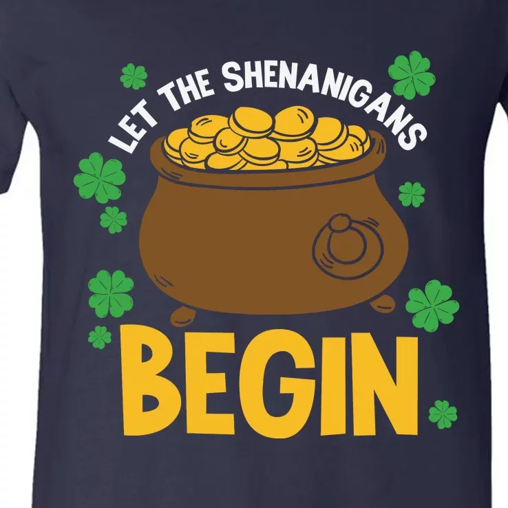 Let The Shenanigans Begin Funny St Patricks Day V-Neck T-Shirt