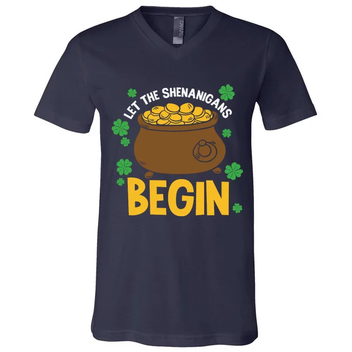 Let The Shenanigans Begin Funny St Patricks Day V-Neck T-Shirt