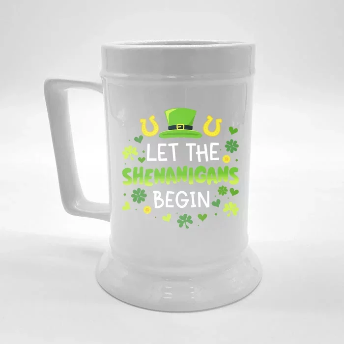 Let The Shenanigans Begin With Shamrocks For St Patricks Day Gift Front & Back Beer Stein