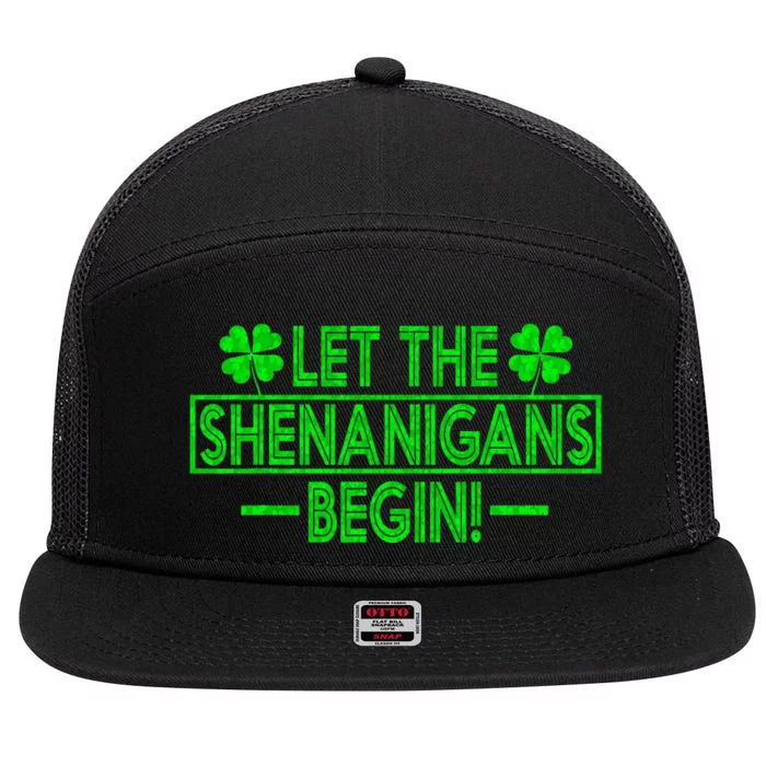 Let The Shenanigans Begin retro Clovers St Patrick's Day 7 Panel Mesh Trucker Snapback Hat