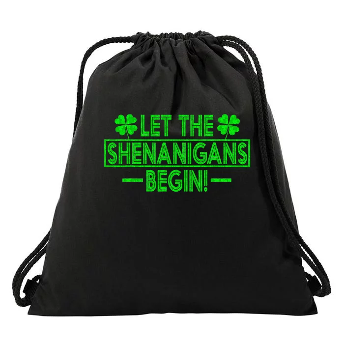 Let The Shenanigans Begin retro Clovers St Patrick's Day Drawstring Bag