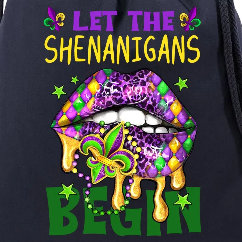 Let The Shenanigans Begin Mardi Gras Lips Drawstring Bag