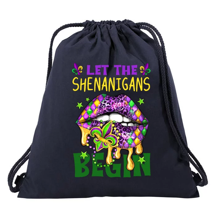 Let The Shenanigans Begin Mardi Gras Lips Drawstring Bag