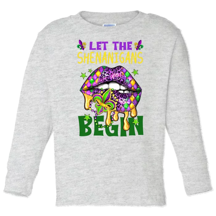 Let The Shenanigans Begin Mardi Gras Lips Toddler Long Sleeve Shirt