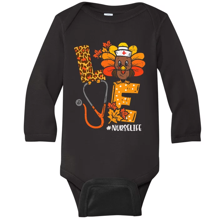 Love Turkey Thanksgiving Nurse Life Fall Baby Long Sleeve Bodysuit