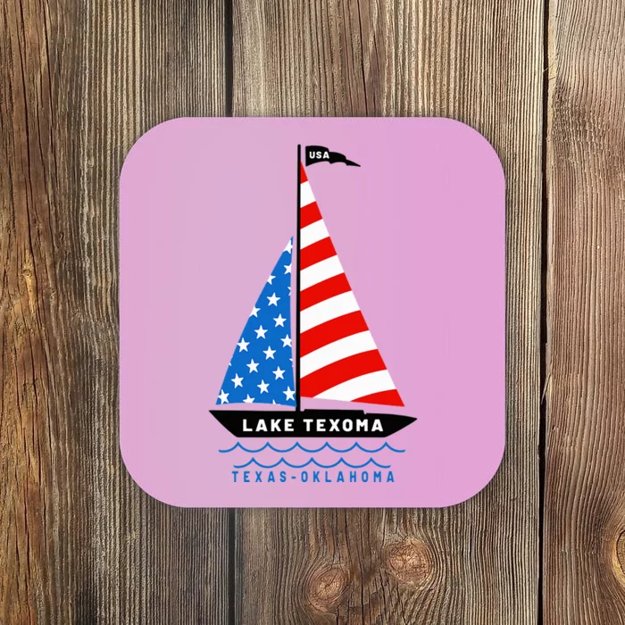 Lake Texoma Texas Oklahoma Patriotic American Flag Sailboat Coaster