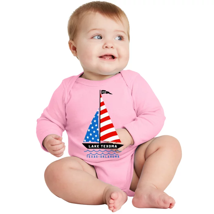 Lake Texoma Texas Oklahoma Patriotic American Flag Sailboat Baby Long Sleeve Bodysuit