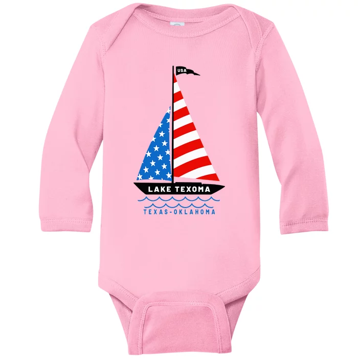 Lake Texoma Texas Oklahoma Patriotic American Flag Sailboat Baby Long Sleeve Bodysuit