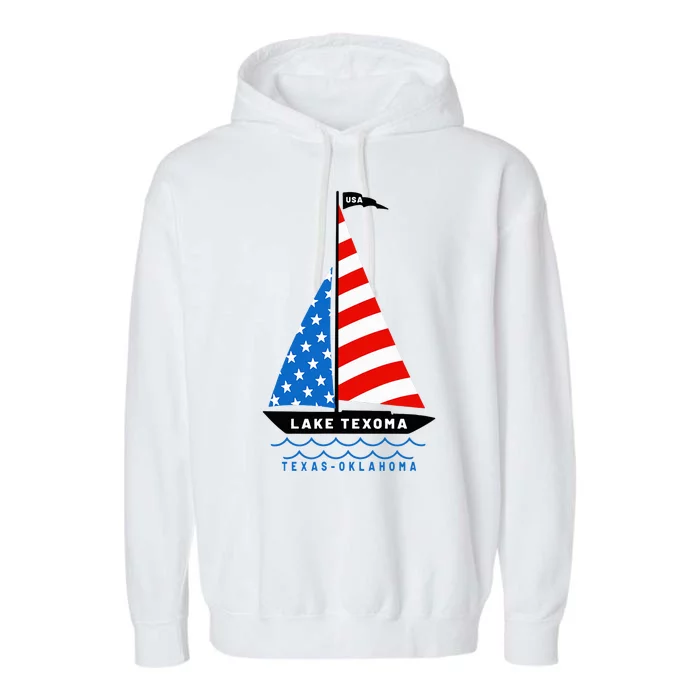 Lake Texoma Texas Oklahoma Patriotic American Flag Sailboat Garment-Dyed Fleece Hoodie