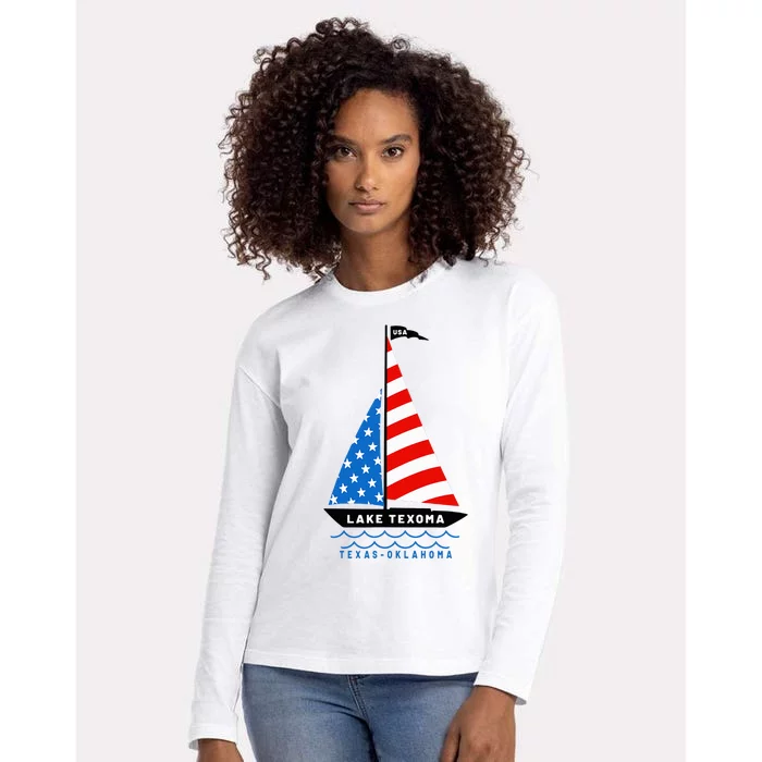 Lake Texoma Texas Oklahoma Patriotic American Flag Sailboat Womens Cotton Relaxed Long Sleeve T-Shirt