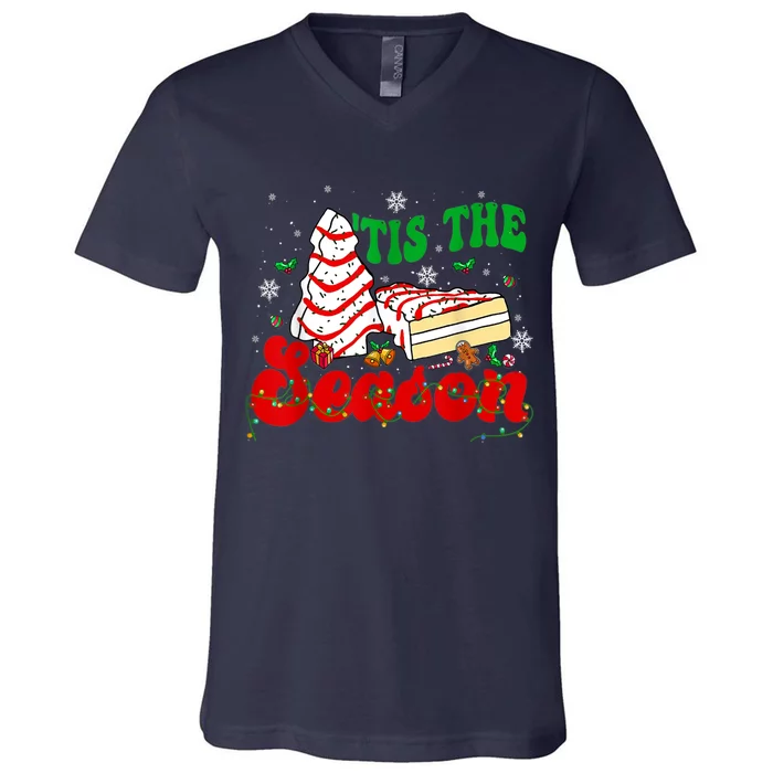 Little Tis' The Season Christmas Tree Cakes Debbie Groovy V-Neck T-Shirt