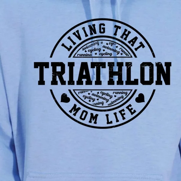 Living That Triathlon Mom Life Running Bike Swimming Sport Gift Unisex Surf Hoodie