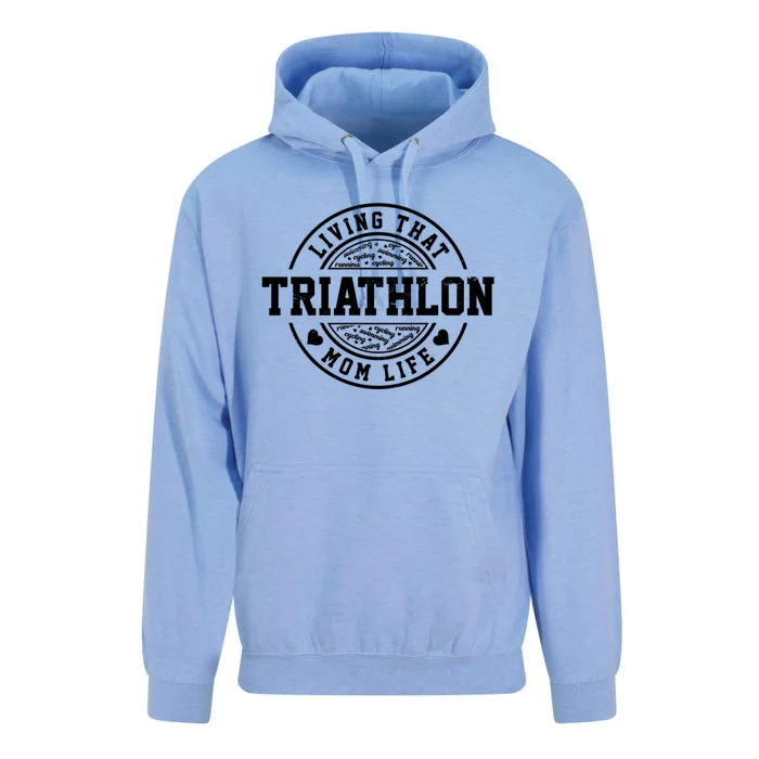 Living That Triathlon Mom Life Running Bike Swimming Sport Gift Unisex Surf Hoodie