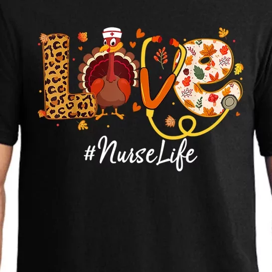 Love Turkey Thanksgiving Nurse Life Fall Scrub Top Gift Pajama Set