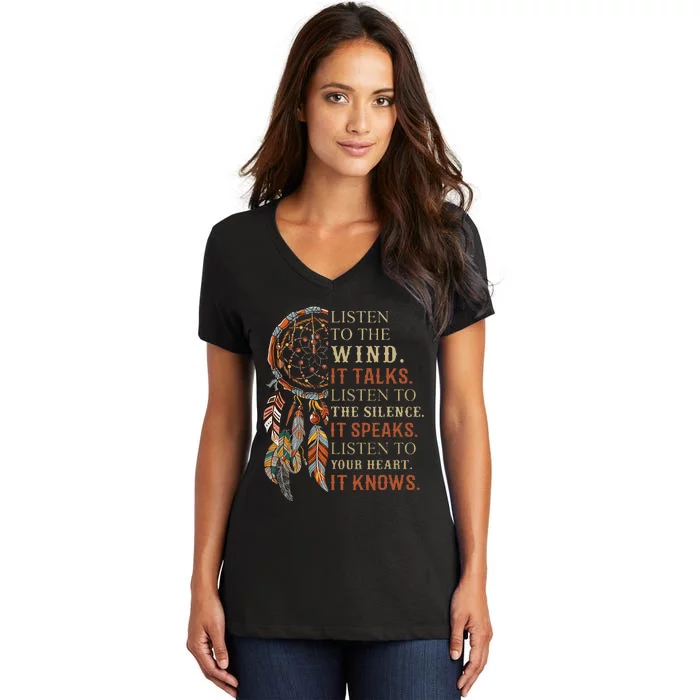 Listen To The Wind It Talks Dreamcatcher Women's V-Neck T-Shirt