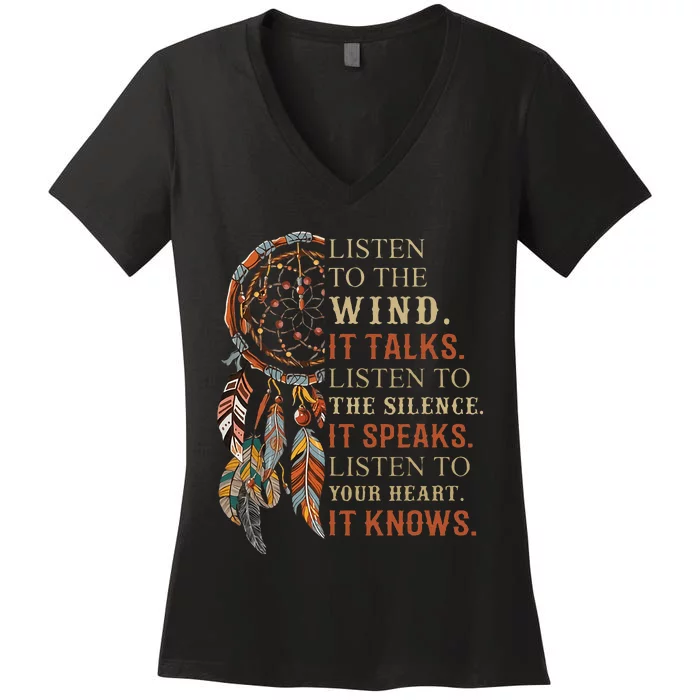 Listen To The Wind It Talks Dreamcatcher Women's V-Neck T-Shirt