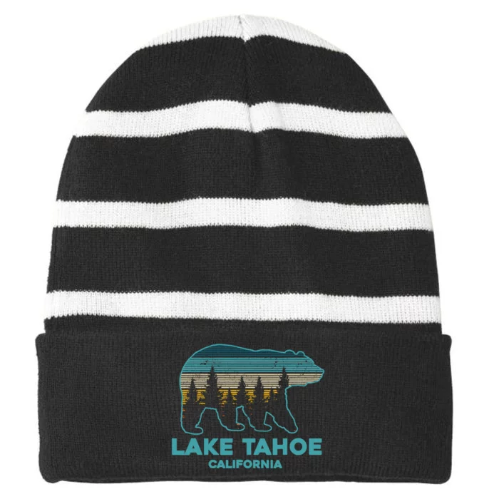 Lake Tahoe Vintage California Grizzly Bear Souvenir Gift Striped Beanie with Solid Band