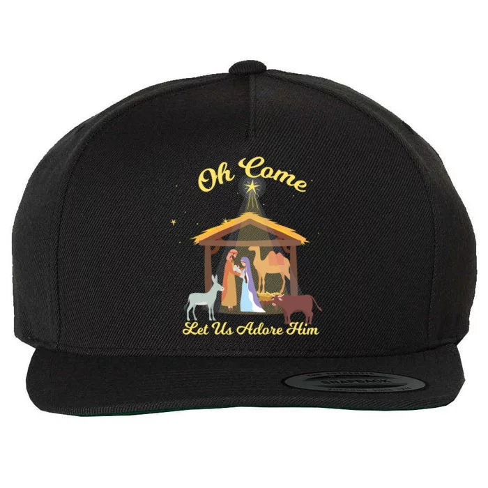 Let Us Adore Him Christmas Advent Nativity Scene North Gift Wool Snapback Cap