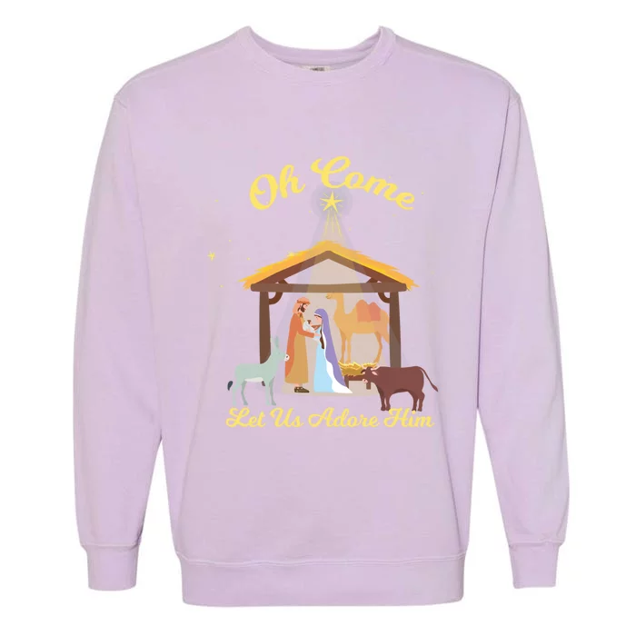 Let Us Adore Him Christmas Advent Nativity Scene North Gift Garment-Dyed Sweatshirt