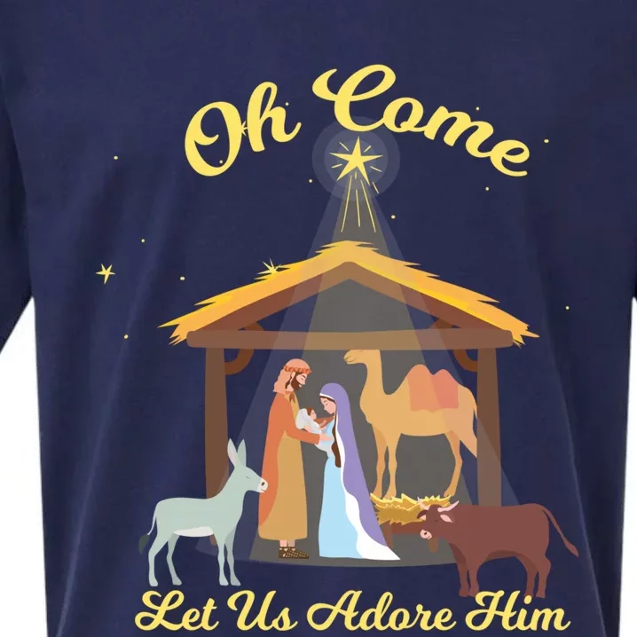 Let Us Adore Him Christmas Advent Nativity Scene North Gift Sueded Cloud Jersey T-Shirt