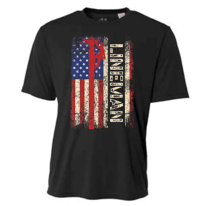 Lineman Us American Flag Patriotic Electrician Dad Cooling Performance Crew T-Shirt